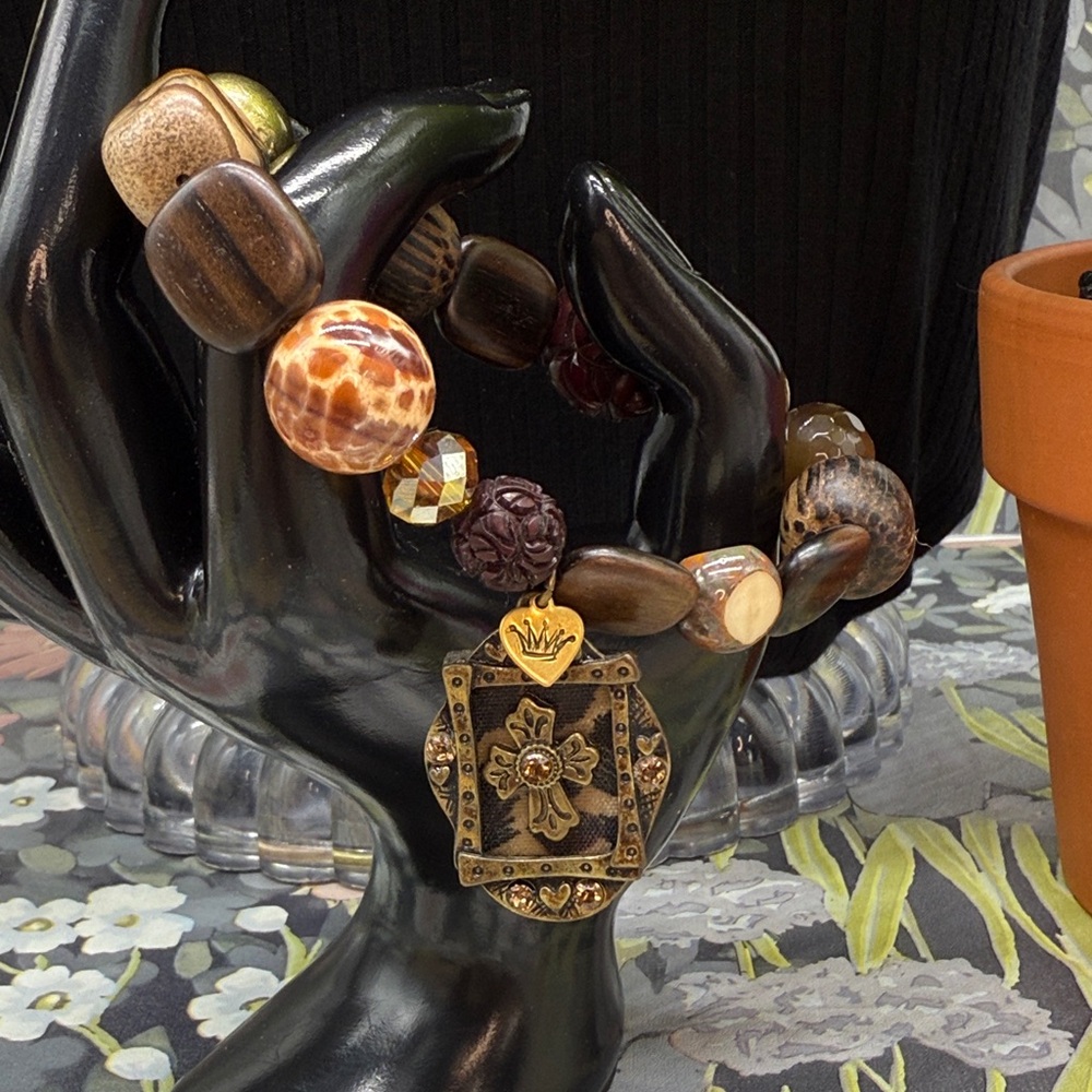 ⭐️Adorned Crown Jewelry assemblage stretch beaded brown cross bracelet